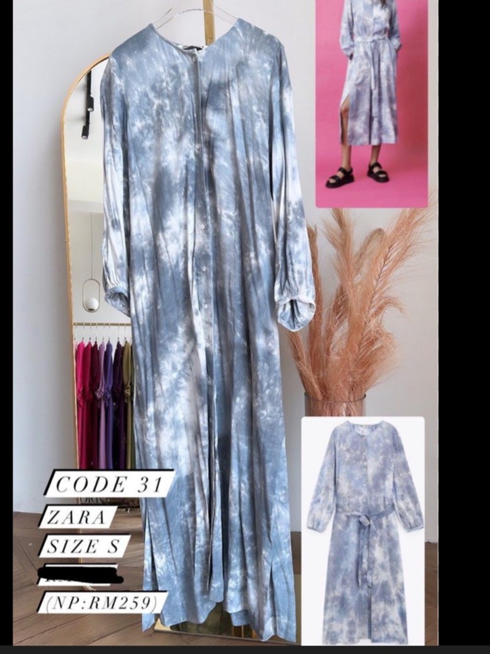Zara Light Blue and White Tie-Dye Button-Front Maxi Dress